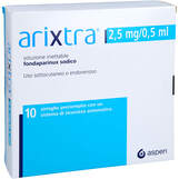Abbildung: Arixtra 2,5 mg / 0,5 ml Injektionslösung in einer Fertigspritze Injektionslösung, 10X0.5 ml PZN 13167322