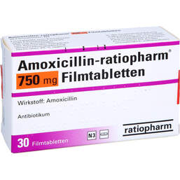 Abbildung: Amoxicillin Ratiopharm 750 mg Filmtabletten 30 St, Filmtabletten PZN 00000655