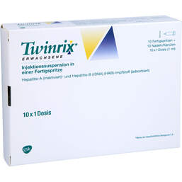 Abbildung: Twinrix Erwachsene Impfdosis Injektionssuspension in einer Fertigspritze 10X1 St, Injektionssuspension PZN 00013988