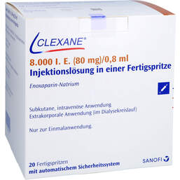 Abbildung: Clexane 8.000 I.E. 80mg / 0,8ml Ilo F.Sp. + Sich-System 20 St, Injektionslösung in einer Fertigspritze PZN 00025655