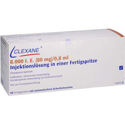 Abbildung: Clexane 8.000 I.E. 80mg / 0,8ml Ilo F.Sp. + Sich-System 50 St, Injektionslösung in einer Fertigspritze PZN 00025661