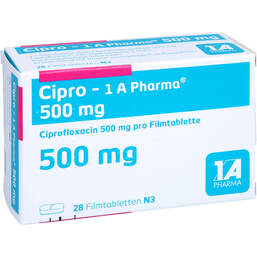 Abbildung: Cipro 1A Pharma 500 mg Filmtabletten 28 St, Filmtabletten PZN 00036357