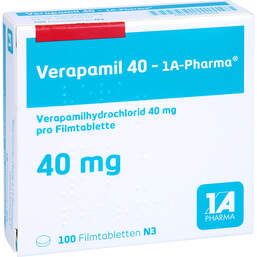 Abbildung: Verapamil 40 1A Pharma Filmtabletten 100 St, Filmtabletten PZN 00069693