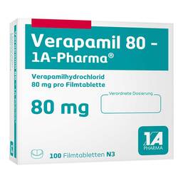 Abbildung: Verapamil 80 1A Pharma Filmtabletten 100 St, Filmtabletten PZN 00070130