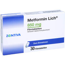 Abbildung: Metformin Lich 850 mg Filmtabletten 30 St, Filmtabletten PZN 00079510