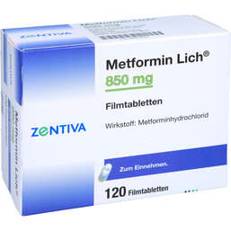 Abbildung: Metformin Lich 850 mg Filmtabletten 120 St, Filmtabletten PZN 00079527