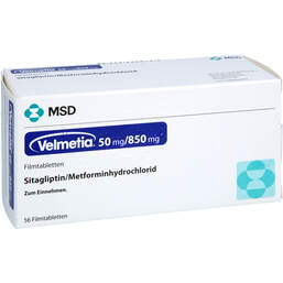 Abbildung: Velmetia 50 mg / 850 mg Filmtabletten 56 St, Filmtabletten PZN 00089891
