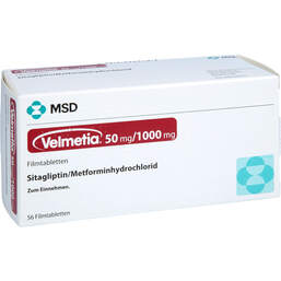 Abbildung: Velmetia 50 mg / 1000 mg Filmtabletten 56 St, Filmtabletten PZN 00089945