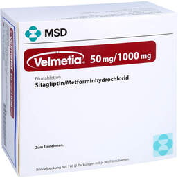 Abbildung: Velmetia 50 mg / 1000 mg Filmtabletten 196 St, Filmtabletten PZN 00089951