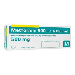 Abbildung: Metformin 500 1A Pharma Filmtabletten 120 St, Filmtabletten PZN 00113773