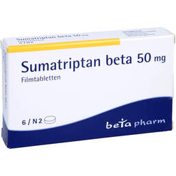 Abbildung: Sumatriptan beta 50 mg Filmtabletten 6 St, Filmtabletten PZN 00118090