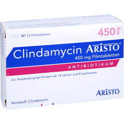 Abbildung: Clindamycin Aristo 450 mg Filmtabletten 12 St, Filmtabletten PZN 00141462