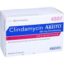 Abbildung: Clindamycin Aristo 450 mg Filmtabletten 30 St, Filmtabletten PZN 00141485