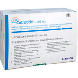Abbildung: Cetrotide 0,25 mg Trockensubstanz mit Lösungsmittel 7 St, Pulver u. Lösungsmittel zur Herstellung einer Injektionslsg. PZN 00149185