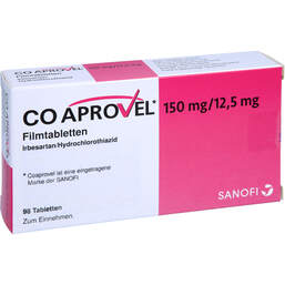 Abbildung: Coaprovel 150 mg / 12,5 mg Filmtabletten 98 St, Filmtabletten PZN 00162694