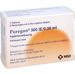 Abbildung: Puregon 300 I.E. / 0,36 ml Zyl.Ampulle + 6 Pen Injektion Nad. 1 St, Injektionslösung PZN 00162702