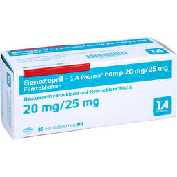 Abbildung: Benazepril 1A Pharma comp.20 / 25mg Filmtabletten 98 St, Filmtabletten PZN 00165847