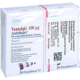 Abbildung: Ventolair 100 µg 200 Hub Autoh.Dosieraerosol 2 St, Dosieraerosol PZN 00175426