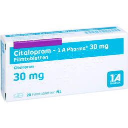 Abbildung: Citalopram 1A Pharma 30 mg Filmtabletten 20 St, Filmtabletten PZN 00176874