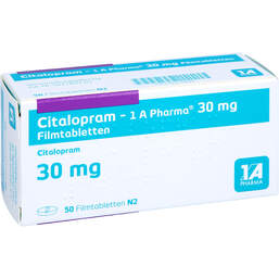 Abbildung: Citalopram 1A Pharma 30 mg Filmtabletten 50 St, Filmtabletten PZN 00176992