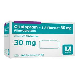 Abbildung: Citalopram 1A Pharma 30 mg Filmtabletten 100 St, Filmtabletten PZN 00177000