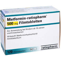 Abbildung: Metformin ratiopharm 500 mg Filmtabletten 120 St, Filmtabletten PZN 00189747