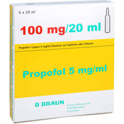 Abbildung: Propofol Lipuro 5mg / ml Emuls.z.Injektion und Infusion Glasampulle 5X20 ml, Emulsion PZN 00204079