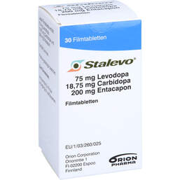 Abbildung: Stalevo 75 mg / 18,75 mg / 200 mg Filmtabletten 30 St, Filmtabletten PZN 00206380