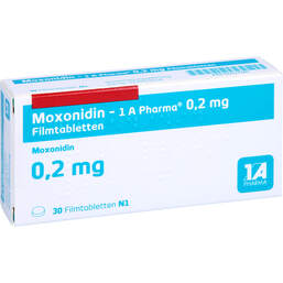 Abbildung: Moxonidin 1A Pharma 0,2 mg Filmtabletten 30 St, Filmtabletten PZN 00227749