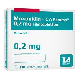 Abbildung: Moxonidin 1A Pharma 0,2 mg Filmtabletten 100 St, Filmtabletten PZN 00228074