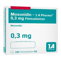 Abbildung: Moxonidin 1A Pharma 0,3 mg Filmtabletten 100 St, Filmtabletten PZN 00228140