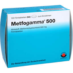 Abbildung: Metfogamma 500 mg Filmtabletten 120 St, Filmtabletten PZN 00255332