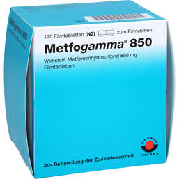 Abbildung: Metfogamma 850 mg Filmtabletten 120 St, Filmtabletten PZN 00255355