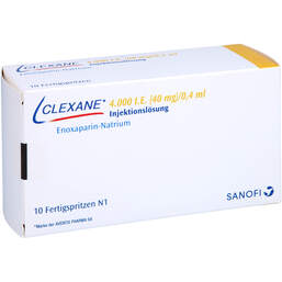 Abbildung: Clexane 40 mg 0,4 ml Fertigspritzen 10 St, Injektionslösung in einer Fertigspritze PZN 00264182