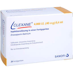 Abbildung: Clexane 40 mg 0,4 ml Fertigspritzen 20 St, Injektionslösung in einer Fertigspritze PZN 00275719