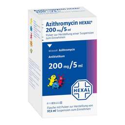 Abbildung: Azithromycin Hexal 200mg / 5ml Pulver zur Suspensionsherstellung 37.5 ml, Pulver zur Herstellung einer Suspension zum Einnehmen PZN 00278379