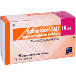 Abbildung: Rabeprazol TAD 10 mg magensaftresistente Tabletten 98 St, Tabletten magensaftresistent PZN 00282116