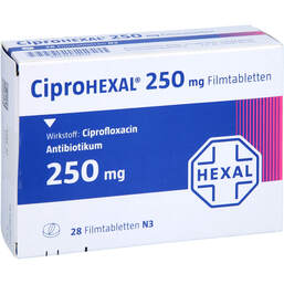 Abbildung: Ciprohexal 250 mg Filmtabletten 28 St, Filmtabletten PZN 00294912