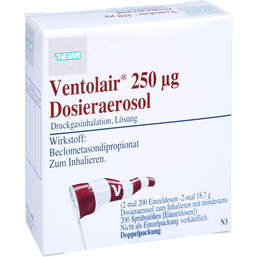 Abbildung: Ventolair 250 µg 200 Hub Dosieraerosol 2 St, Dosieraerosol PZN 00345644