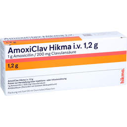 Abbildung: Amoxiclav Hikma i.v. 1,2 g Trockensubstanz ohne Lösungsmittel 5 St, Pulver zur Herstellung einer Injektions- oder Infusionslsg. PZN 00346715