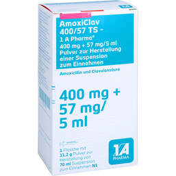 Abbildung: Amoxiclav 400 / 57 TS 1A Pharma Pulver zur Suspensionsherstellung 70 ml, Pulver zur Herstellung einer Suspension zum Einnehmen PZN 00350349