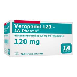 Abbildung: Verapamil 120 1A Pharma Filmtabletten 100 St, Filmtabletten PZN 00353537