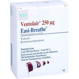 Abbildung: Ventolair 250 µg 200 Hub Easi Breathe Dos.-Aerosol 2 St, Dosieraerosol PZN 00353632