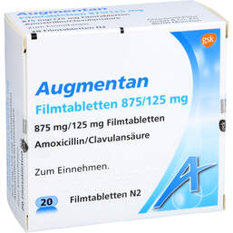Abbildung: Augmentan 875 / 125 mg Filmtabletten 20 St, Filmtabletten PZN 00356599