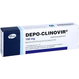 Abbildung: Depo Clinovir 150 mg Injektionssuspension in einer Fertigspritze 1 St, Fertigspritzen PZN 00427046