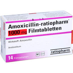 Abbildung: Amoxicillin Ratiopharm 1000 mg Filmtabletten 14 St, Filmtabletten PZN 00427715