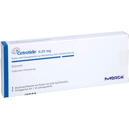 Abbildung: Cetrotide 0,25 mg Trockensubstanz mit Lösungsmittel 1 St, Pulver u. Lösungsmittel zur Herstellung einer Injektionslsg. PZN 00453598