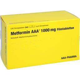 Abbildung: Metformin 1000 mg AAA Pharma Filmtabletten 120 St, Filmtabletten PZN 00459052