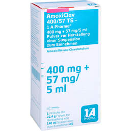 Abbildung: Amoxiclav 400 / 57 TS 1A Pharma Pulver zur Suspensionsherstellung 140 ml, Pulver zur Herstellung einer Suspension zum Einnehmen PZN 00460888