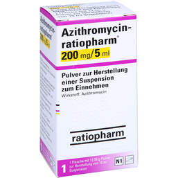 Abbildung: Azithromycin Ratiopharm 200mg / 5ml Pulver zur Suspensionsherstellung 15 ml, Pulver zur Herstellung einer Suspension zum Einnehmen PZN 00463740